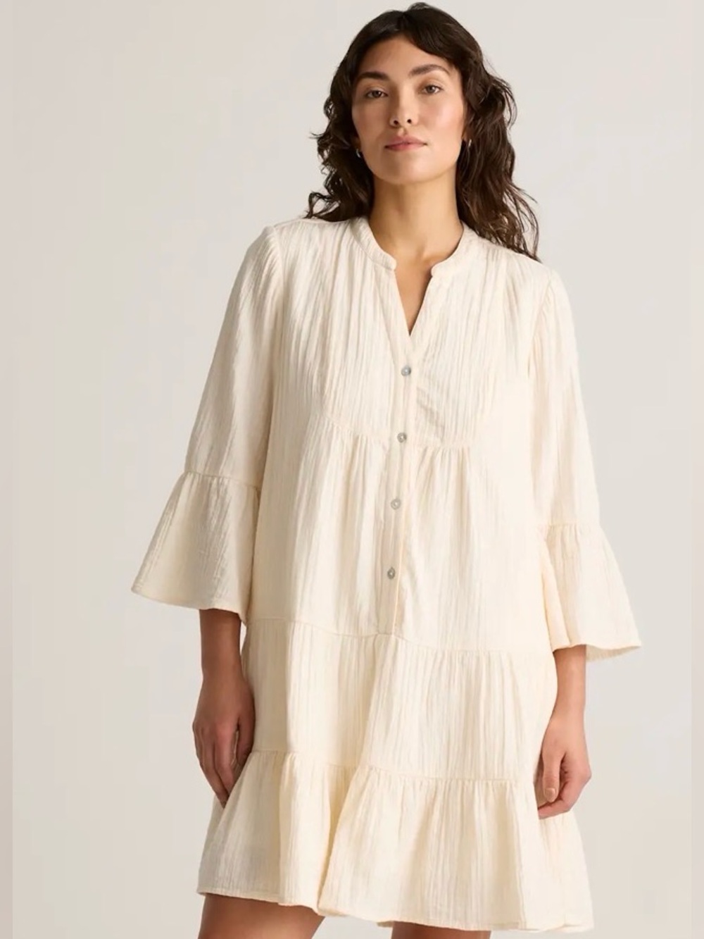 Quince 100% Organic Cotton Gauze Long Sleeve Tiered Mini Dress Vintage Cream